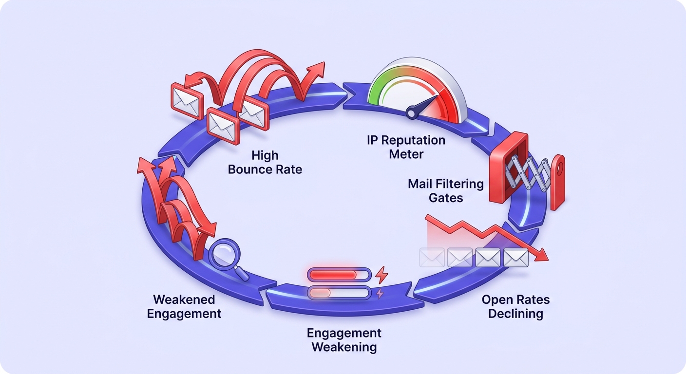 Circular diagram showing how high bounce rates lower sender reputation, triggering more mail filtering and weaker engagement in a self-reinforcing cycle.