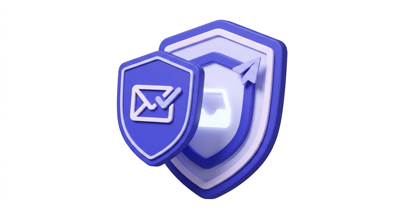 Two concentric 3D shields with signup and send icons protecting a glowing clean inbox at center.