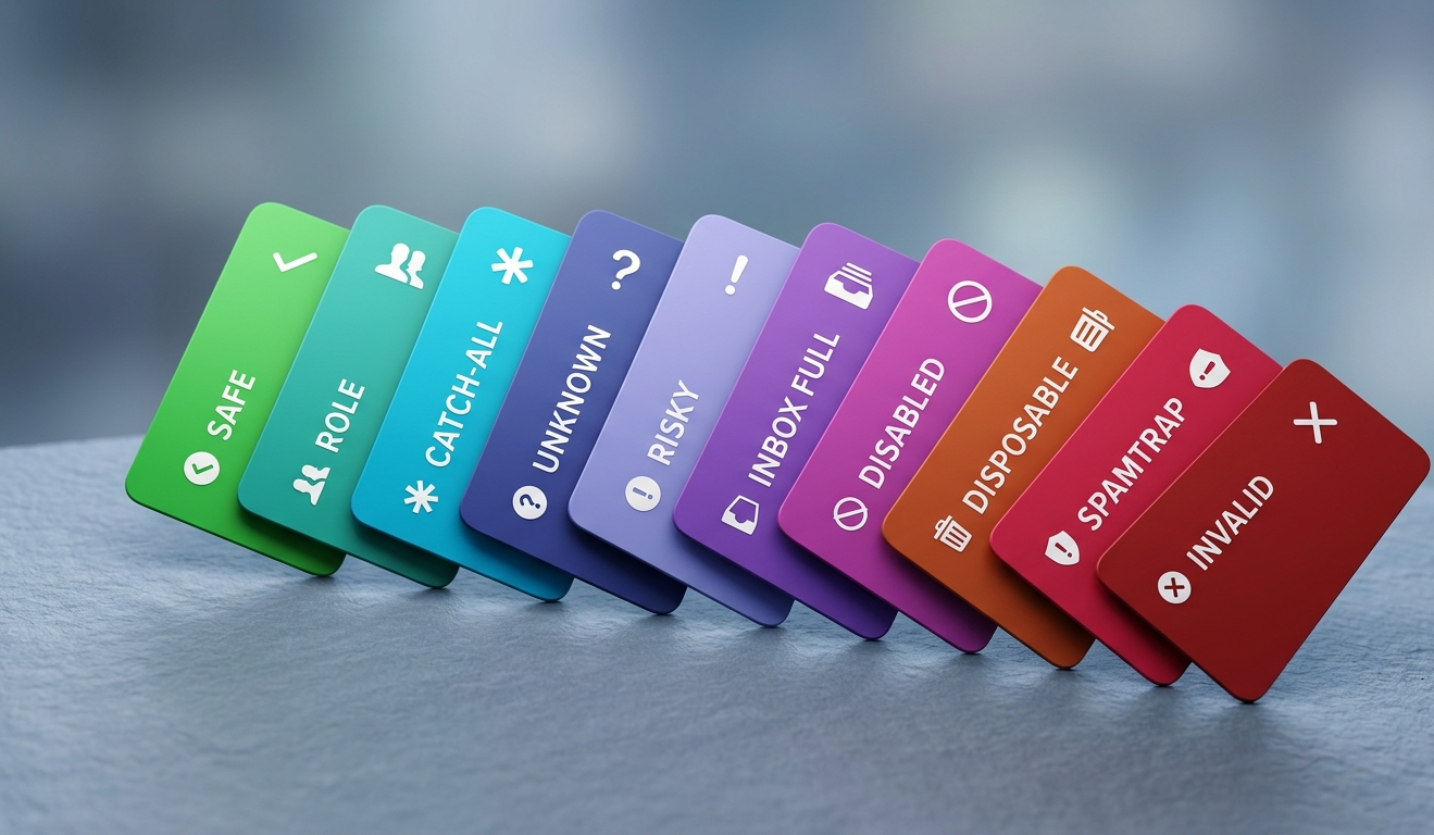 Ten color-coded status cards arranged in a fan showing progression from green safe statuses through lavender unknowns to red invalid.