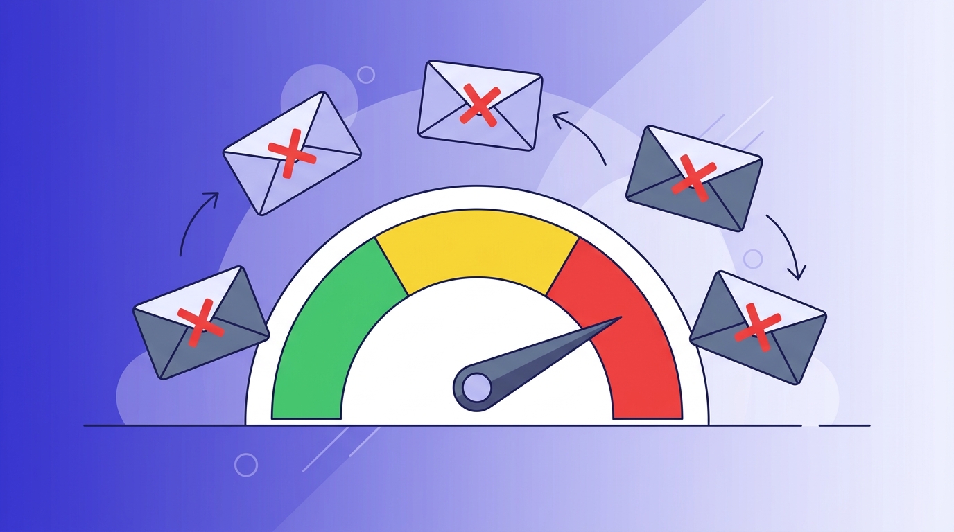 Sender reputation gauge with the needle in the red zone, surrounded by bounced envelopes returning with red X marks