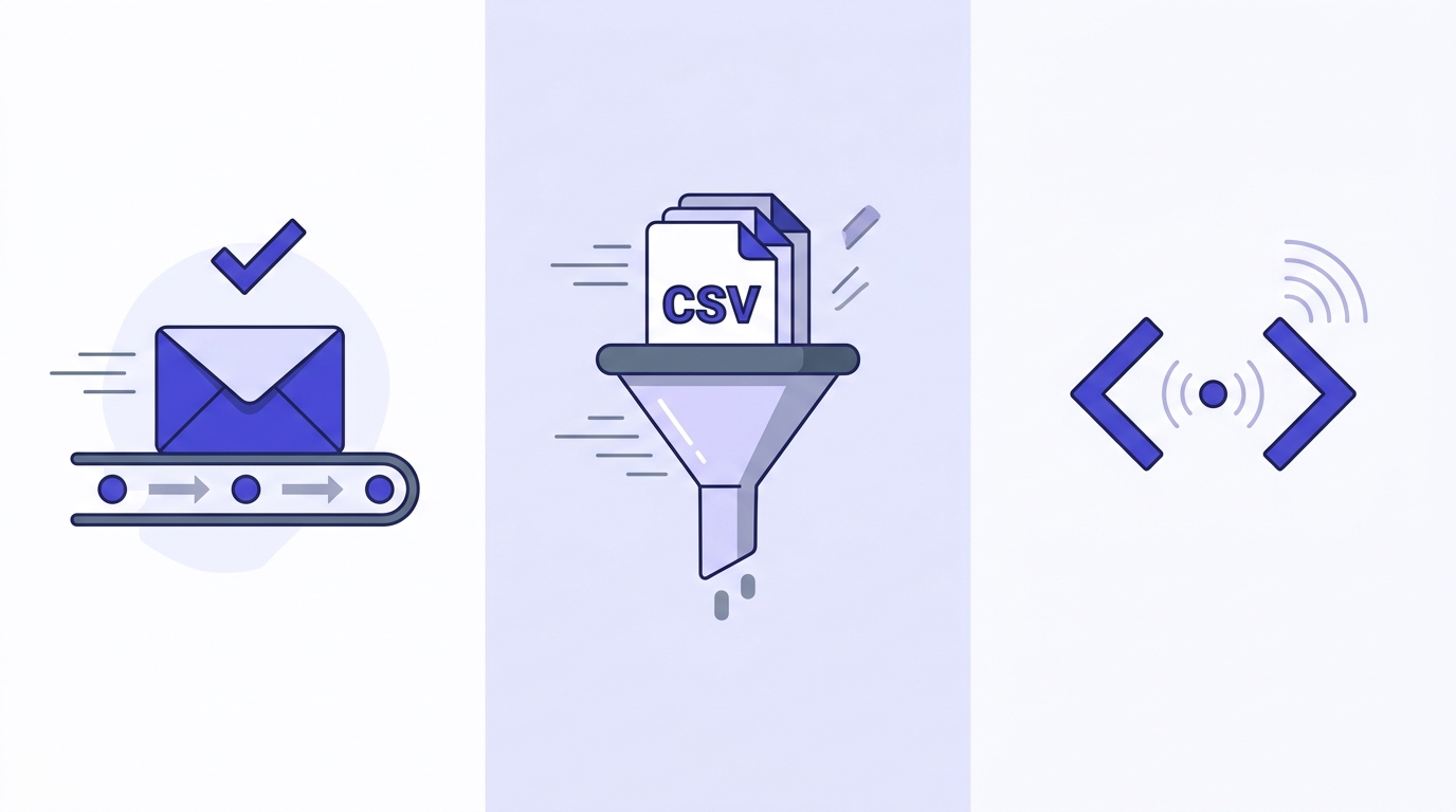 Three side-by-side panels showing a single envelope on a fast track, a stack of CSV files feeding a processing queue, and a code bracket with a real-time signal pulse