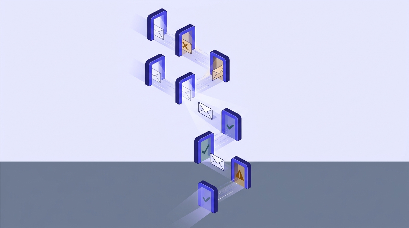 Layered pipeline illustration showing an email envelope passing through eleven sequential verification checkpoint gates and getting flagged at each stage