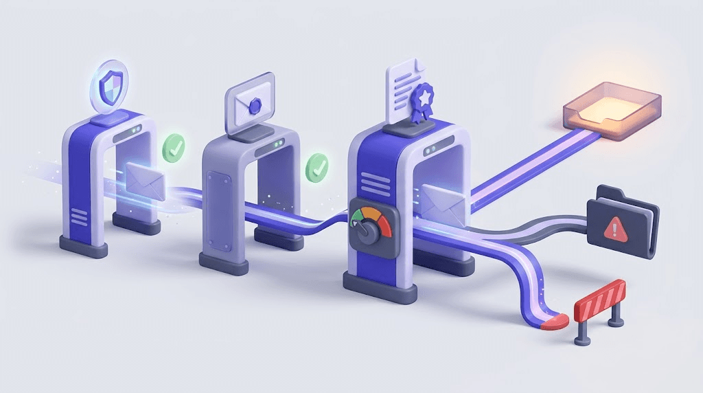 Three sequential security gates representing SPF, DKIM, and DMARC authentication checks, with a policy lever at the final gate determining email delivery outcome.