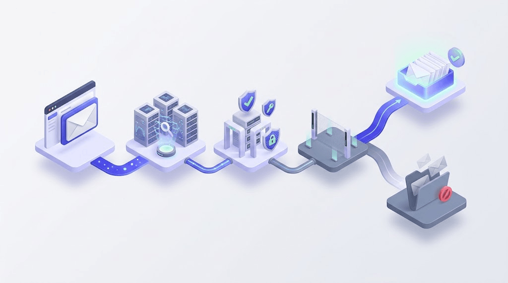 Isometric diagram showing an email's multi-hop path through DNS lookup, authentication checkpoints, and spam filters to final delivery destinations.
