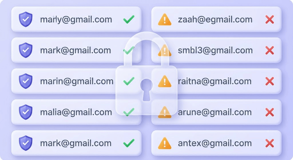 Email address rows color-coded by verification status with overlaid padlock symbolizing encryption as a separate security layer.