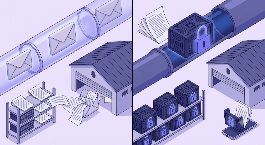 Side-by-side diagram contrasting an open postcard in a transparent tunnel against a sealed encrypted message in a glowing secure tunnel.