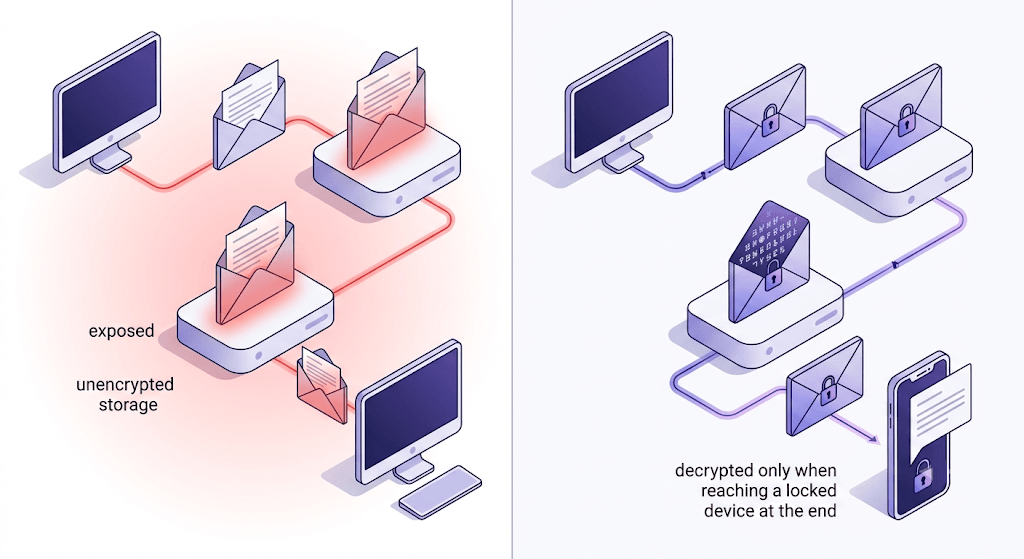 Side-by-side diagram comparing unencrypted email transit through servers versus end-to-end encrypted messages locked throughout delivery.