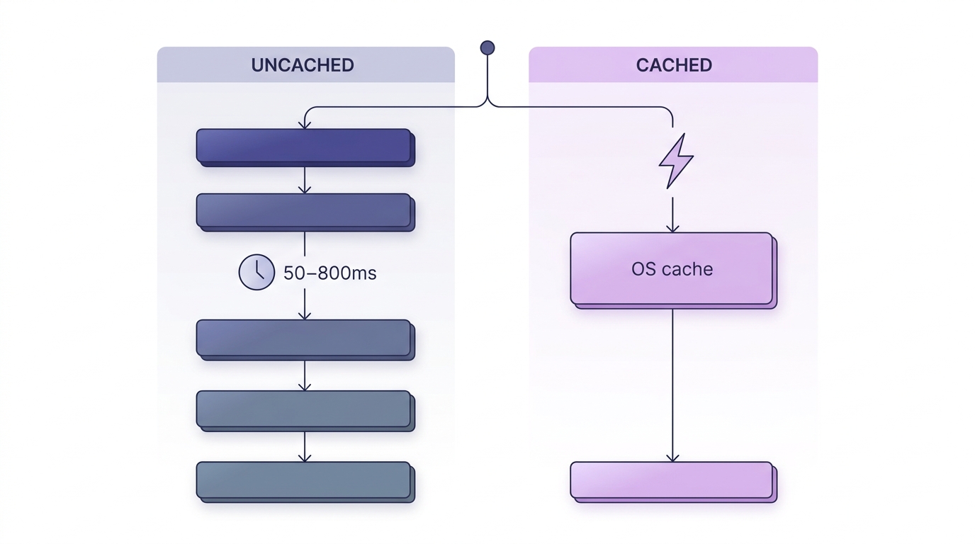 Flowchart comparing cached DNS resolution (instant) versus uncached resolution (50–800ms) with timing icons and branching paths.