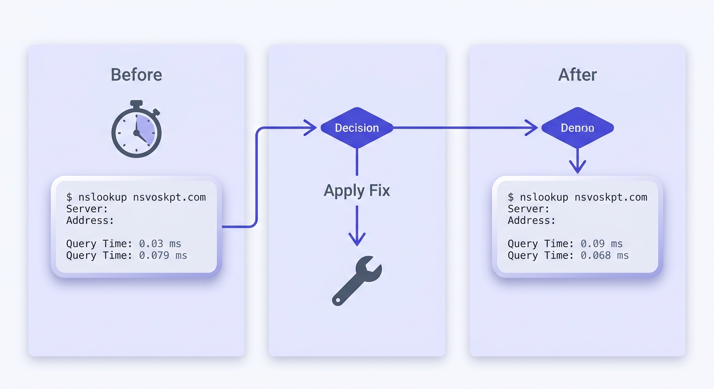 Flowchart showing DNS fix testing methodology with before/after query time measurements and wrench icon representing applied changes.