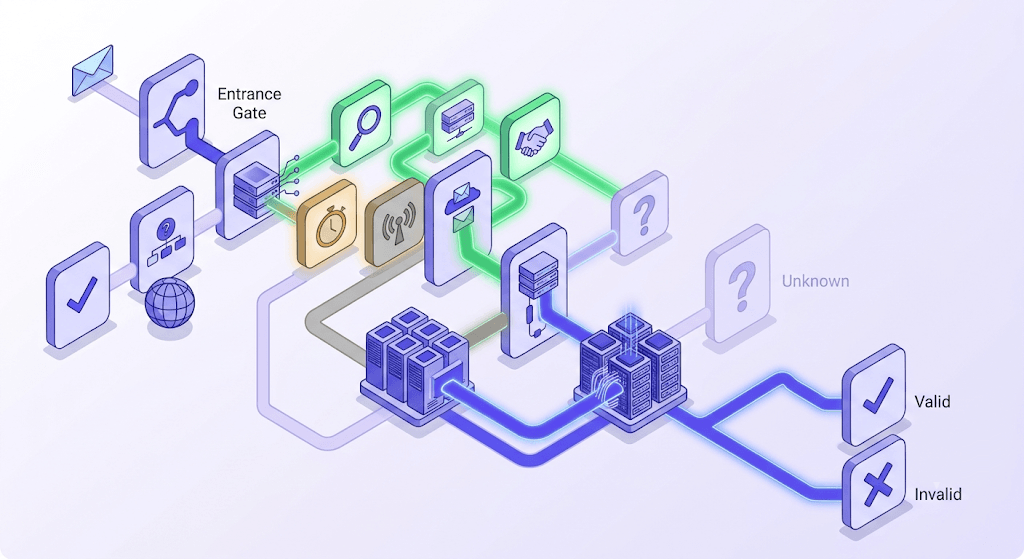Technical diagram of an email address being probed by two parallel SMTP verification paths, with one yielding a definitive result and the other returning an ambiguous Unknown outcome.