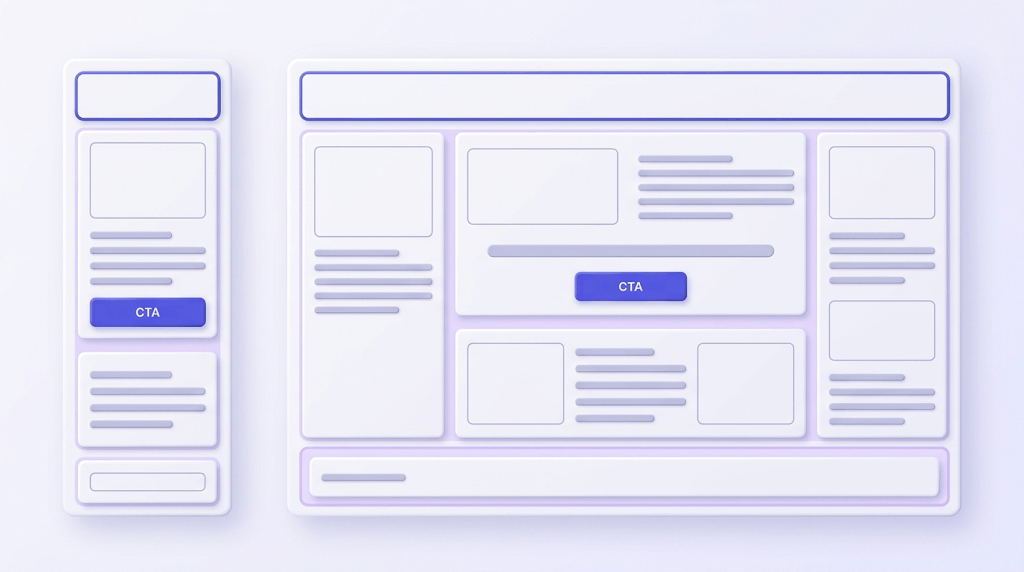 Side-by-side wireframe of mobile and desktop newsletter layouts with clear content hierarchy and single call-to-action button.