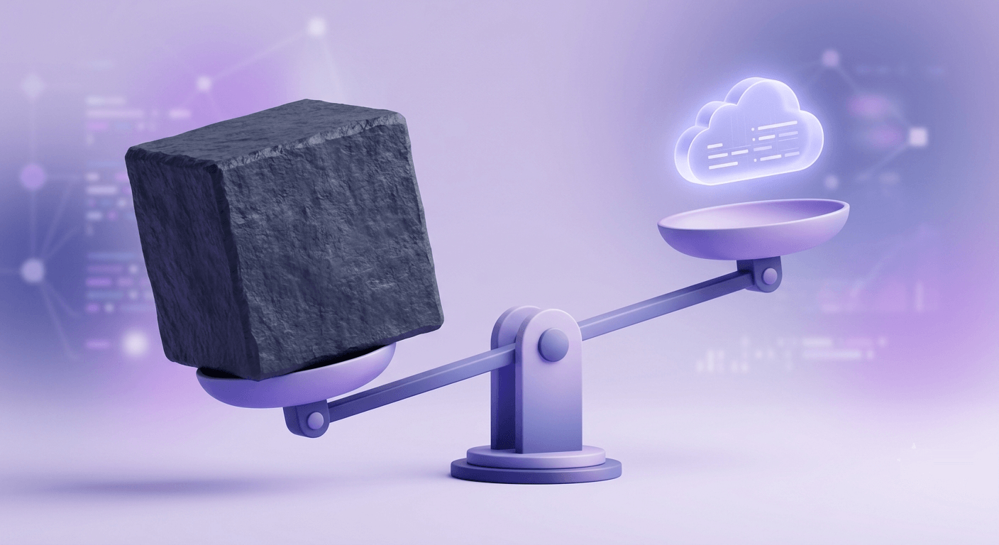A scale tipping toward a glowing cloud-link token on one side, weighed down by an oversized video file cube on the other.