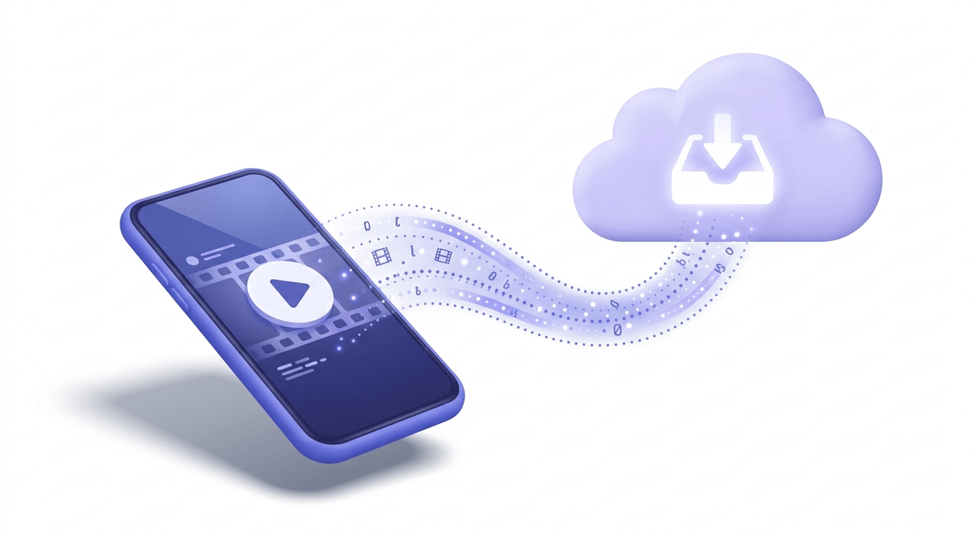 A smartphone displaying a video file with an upward-flowing arrow path leading to a glowing inbox in a soft lavender cloud.