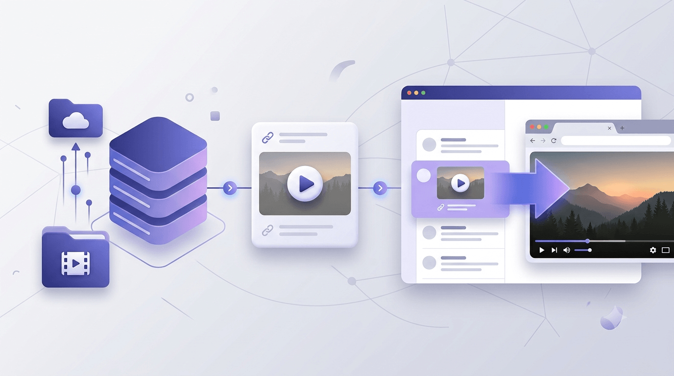 Diagram of video hosting, email thumbnail linking, and browser playback flow in indigo and lavender tones.