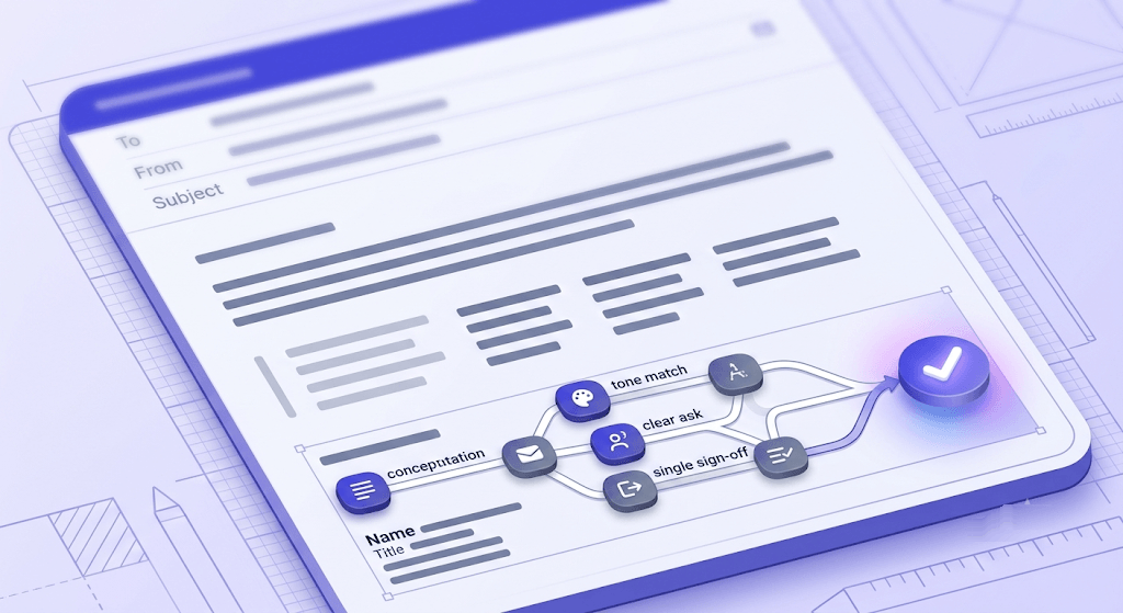 Email template wireframe with a decision tree diagram guiding toward the correct closing statement and signature.