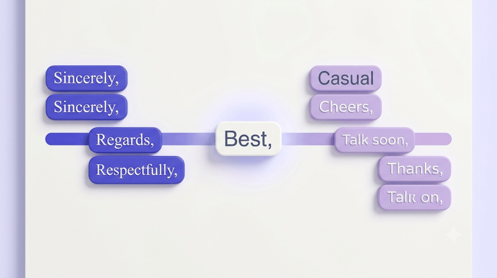 A horizontal spectrum showing email closings arranged from formal (left, indigo) to casual (right, lavender) with 'Best' highlighted in the neutral center.