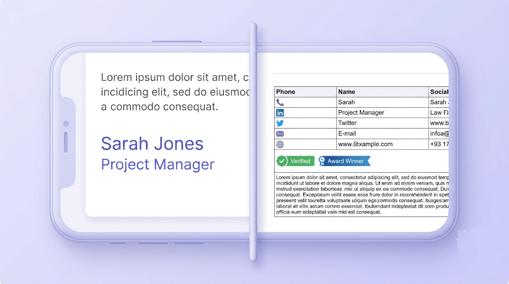 Two email signatures on a mobile screen: one clean and readable, one cluttered with icons and text overflow.