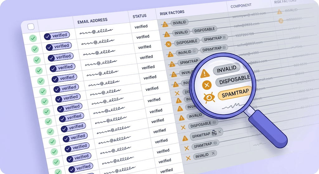 Contact list spreadsheet showing verified entries with green checkmarks on left, invalid entries with amber flags on right, magnifying glass hovering over flagged row.