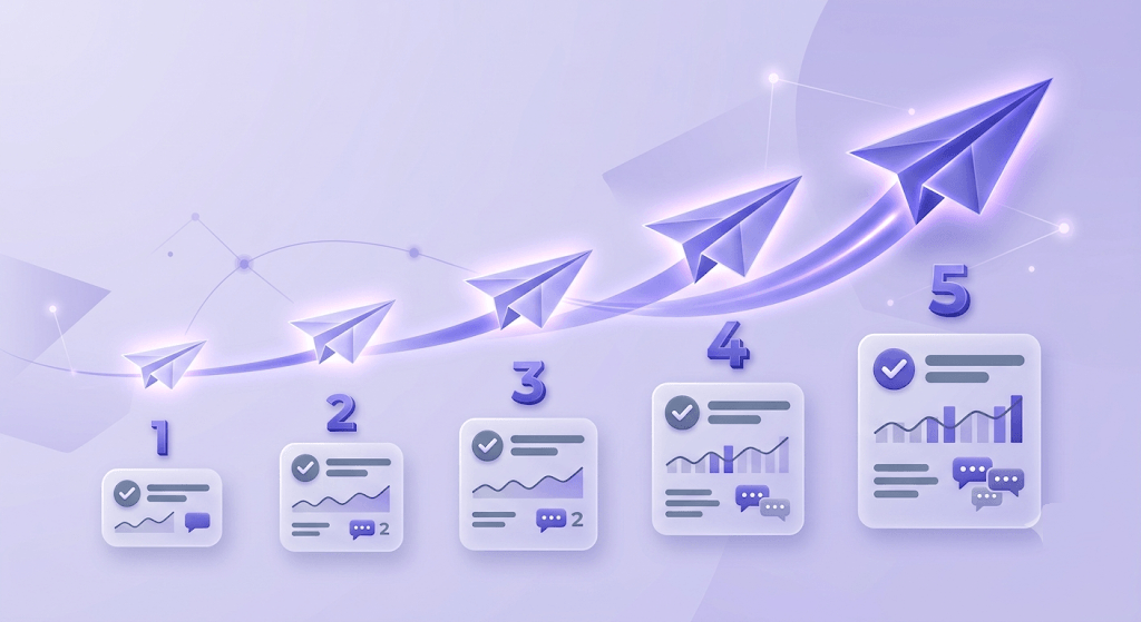 Illustration of escalating paper planes in sequence with metric indicators, representing a strategic follow-up email cadence.