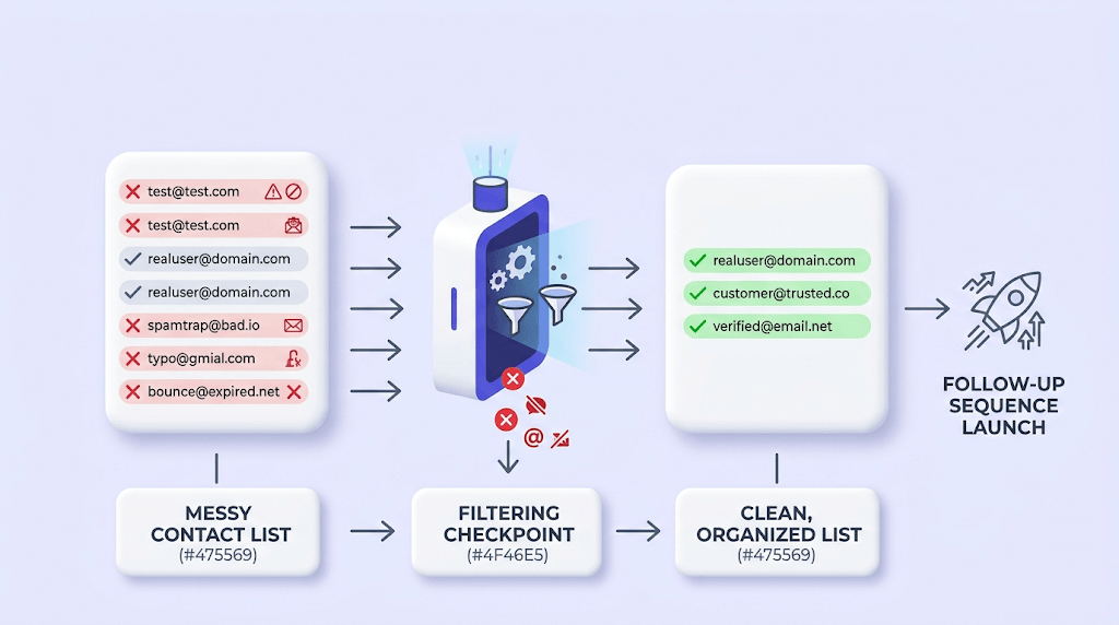 Flowchart showing email list flowing through a verification checkpoint, emerging as a clean, validated contact list with checkmarks.
