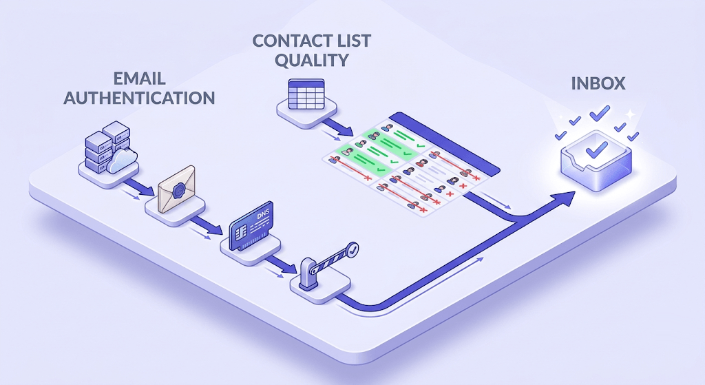 Isometric flowchart showing domain authentication and list hygiene as parallel pathways converging to a secure inbox.