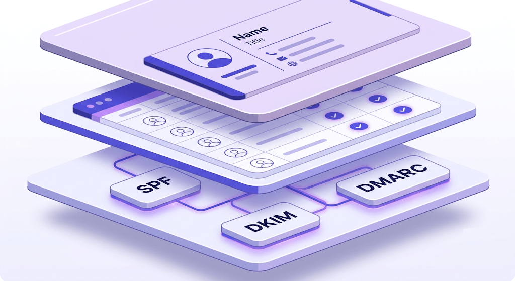 Cross-section illustration of three layers: DNS authentication foundation, verified contacts middle, email signature top.