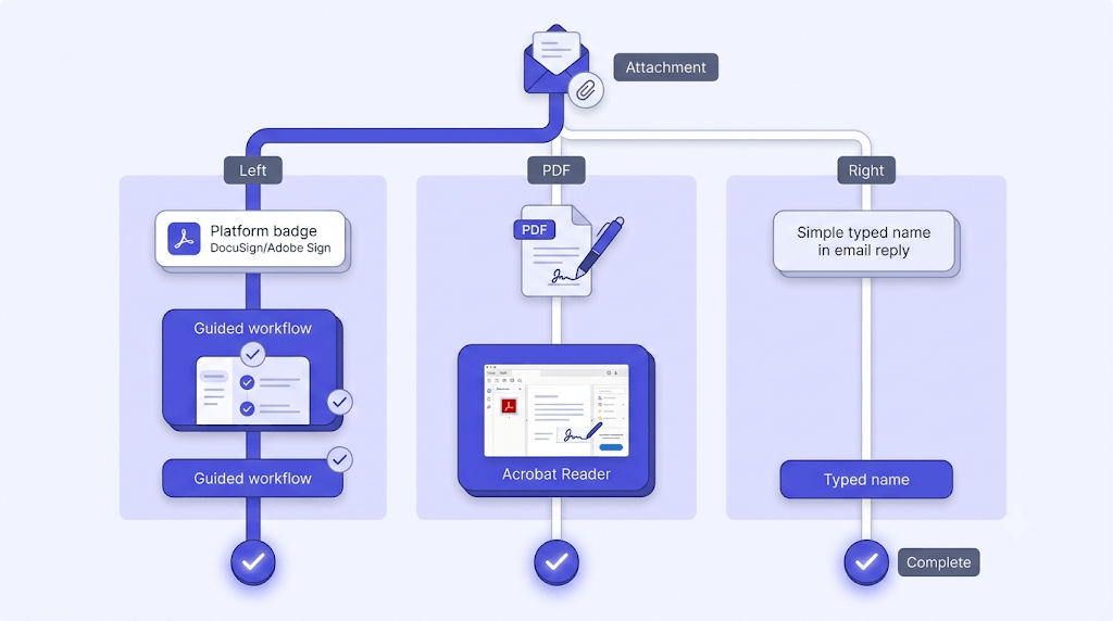 Decision flowchart comparing three methods to sign documents received via email: platform-based signing, PDF tools, or typed confirmation.