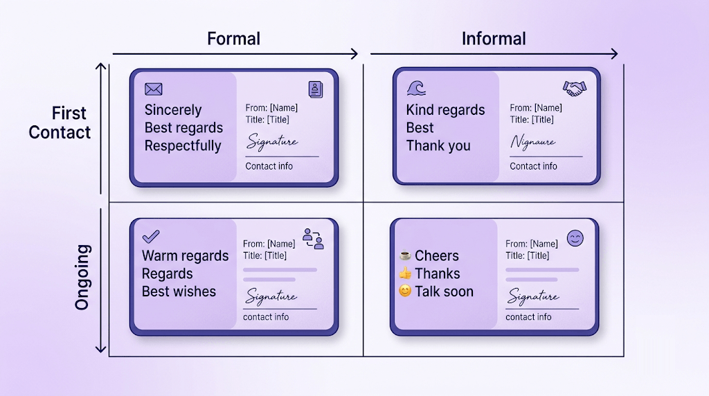 A 2×2 matrix showing four email closing phrases organized by formality level and relationship stage.