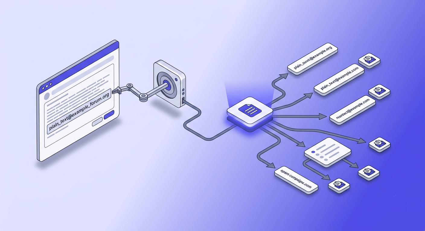 Isometric diagram showing how an email address is scraped from a public webpage, stored in a central database, and distributed to multiple spam campaign nodes.