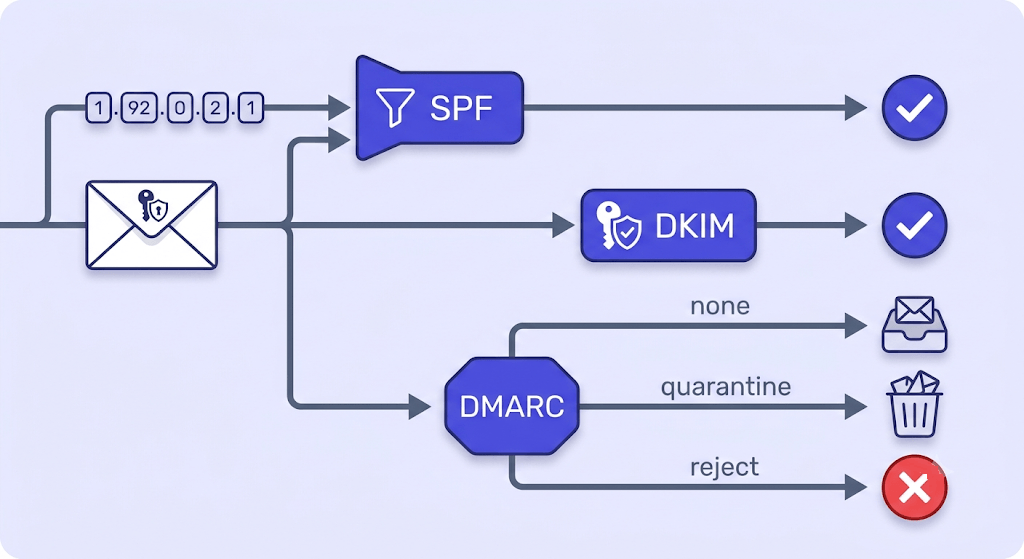Flowchart of SPF, DKIM, and DMARC authentication checks branching into delivery, quarantine, or rejection outcomes.