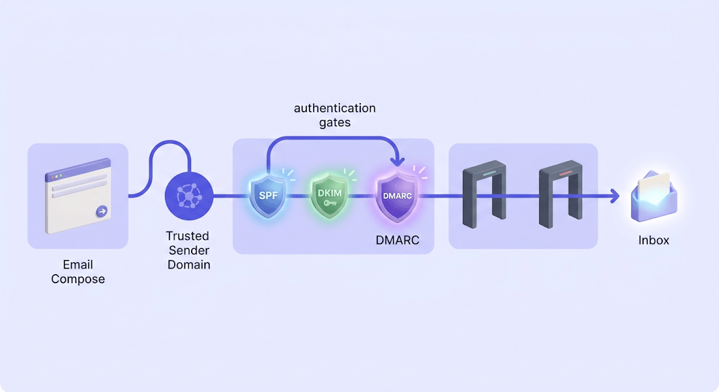 Flowchart showing email journey from composition through security authentication checkpoints to final inbox delivery.