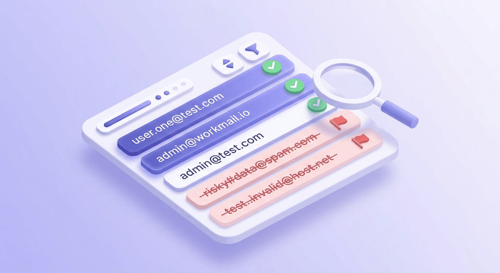 3D illustration of an email list with valid addresses marked in indigo, invalid in red, inspected by a magnifying glass.