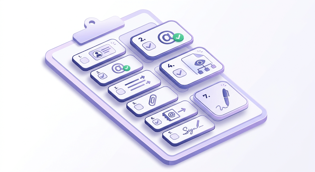3D clipboard with floating verification checkboxes for formal email pre-send quality checks.