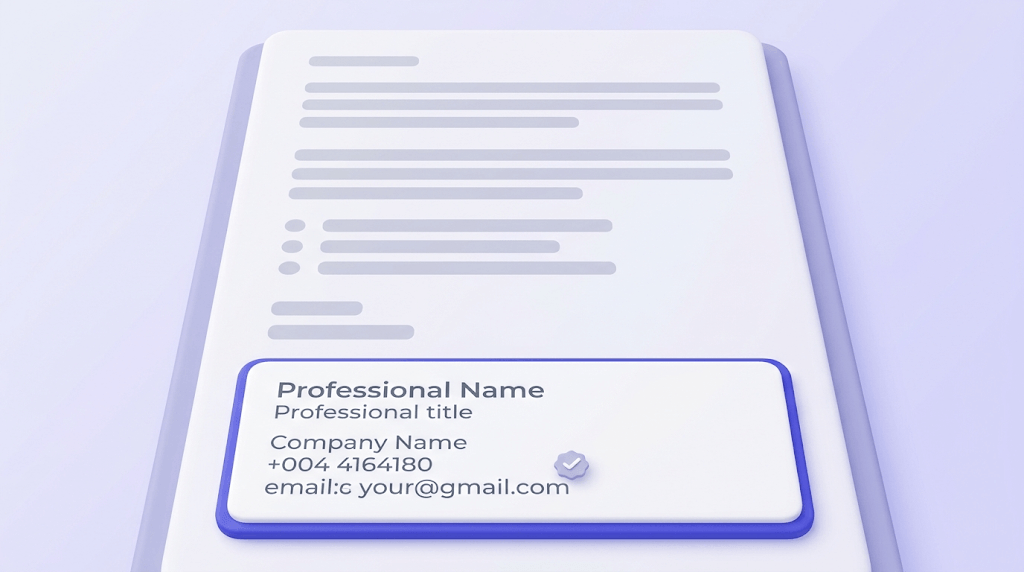 A structured email template layout with a professional signature block and verification badge icon.