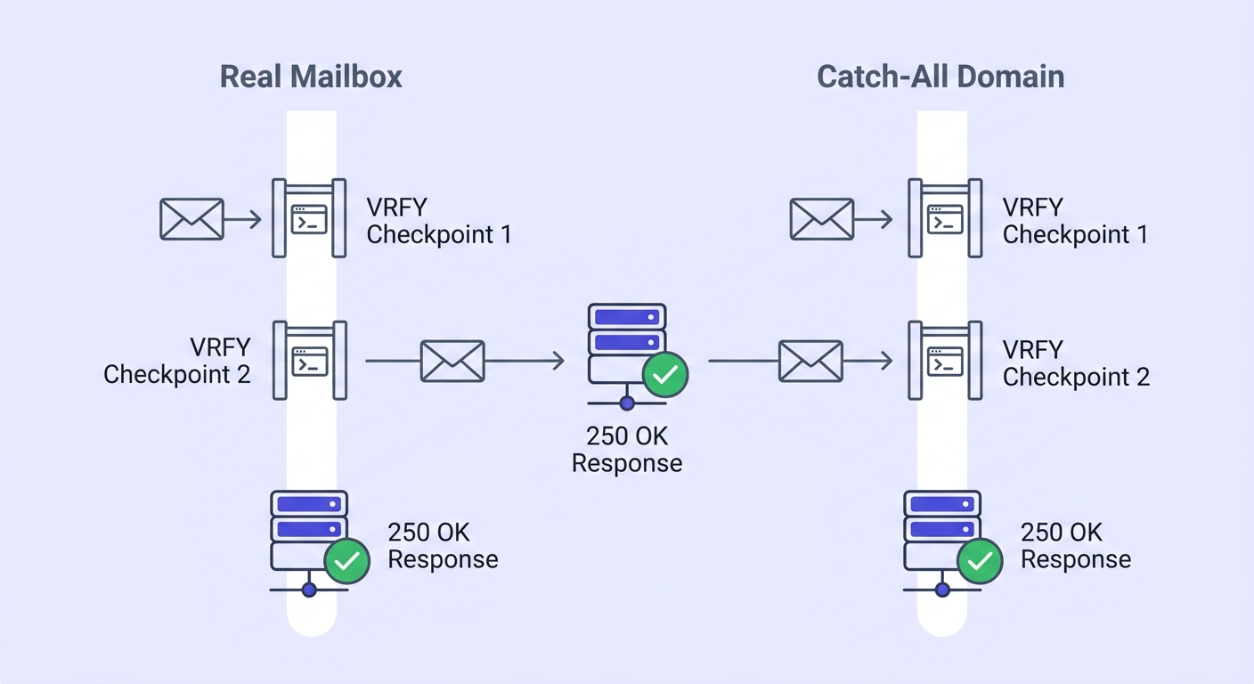 Diagram comparing SMTP verification results: real mailbox and catch-all domain both receiving identical 250 OK approval from mail server.