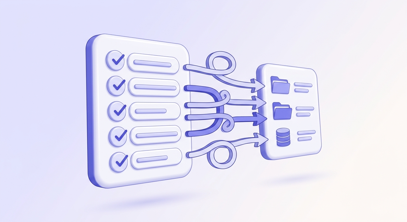 Illustration of a checklist with flowing arrows indicating data migration steps in indigo and lavender tones.