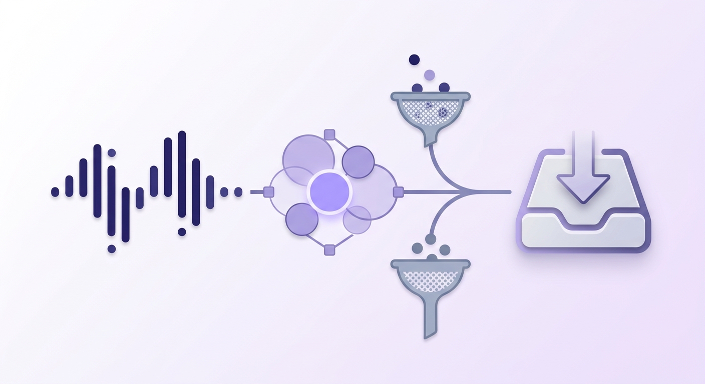 Diagram of three visual metaphors (rhythm, overlapping circles, filter) converging toward an inbox symbol in indigo, lavender, and slate.