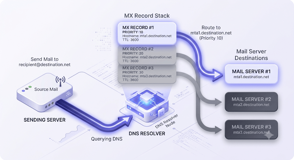 Isometric diagram showing a sending server querying DNS for MX records and routing mail to prioritized mail server destinations.