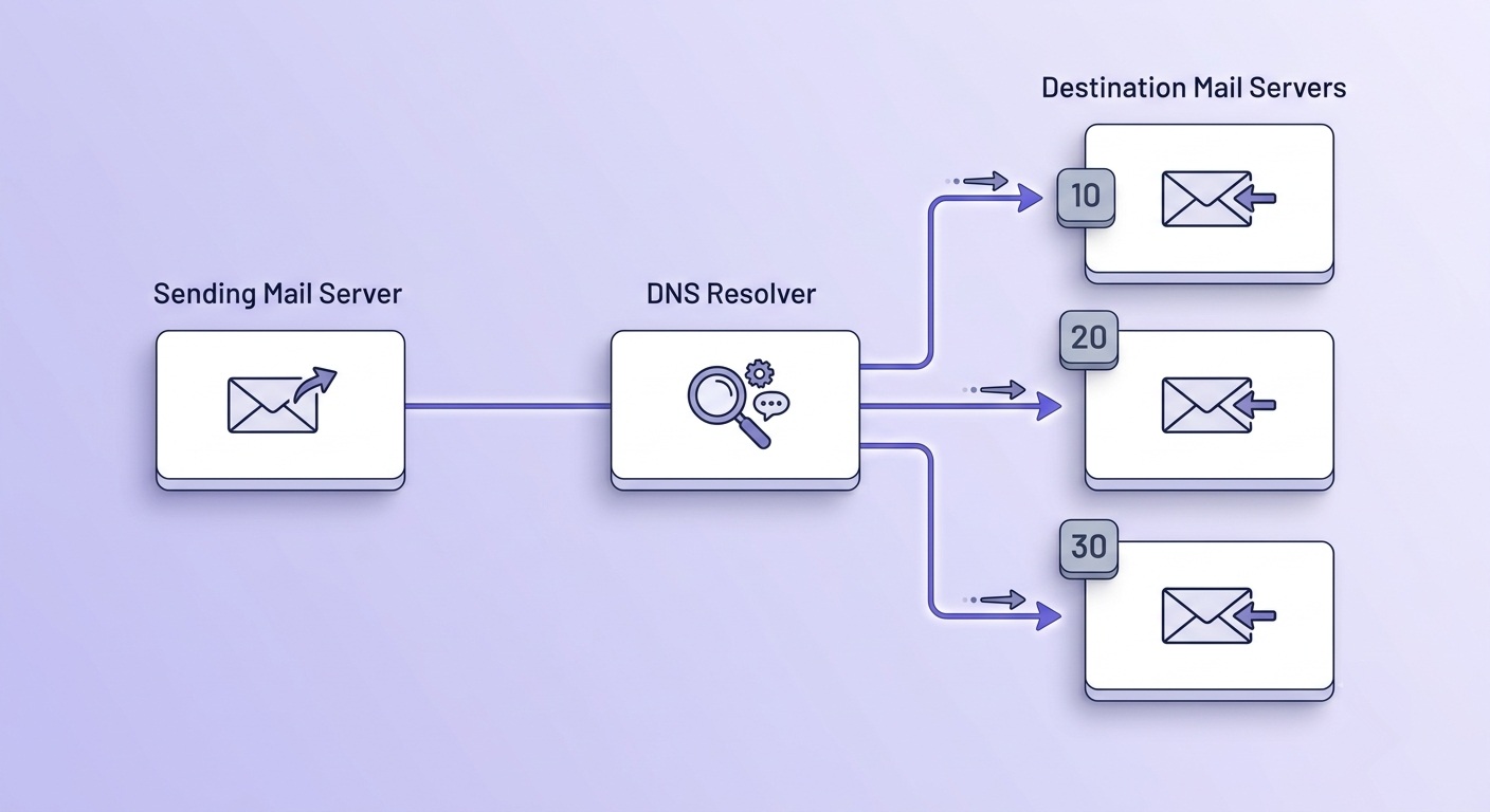 Diagram of MX record lookup routing from sender through DNS resolver to destination mail servers ordered by priority.