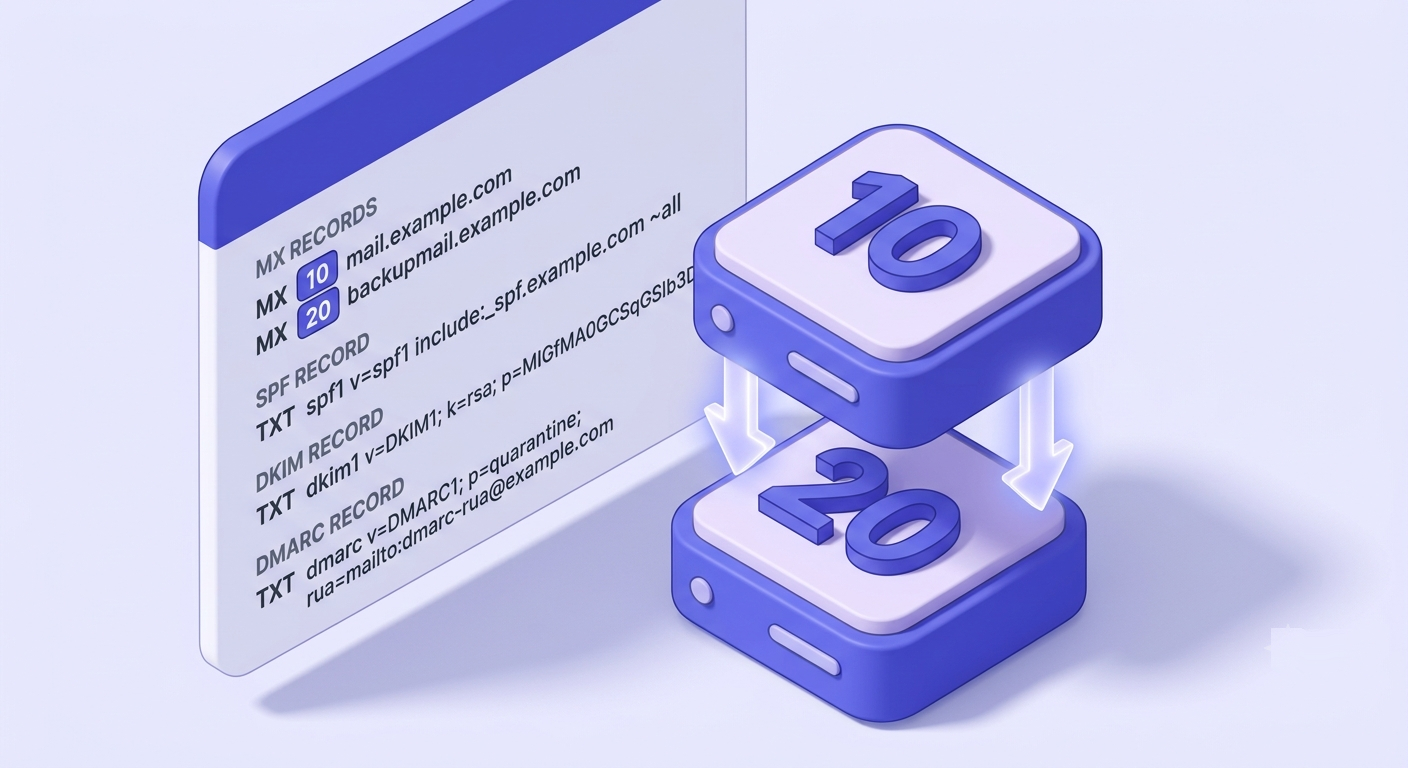 3D illustration of two mail servers stacked by MX priority with arrows showing mail flow from highest to lowest priority.