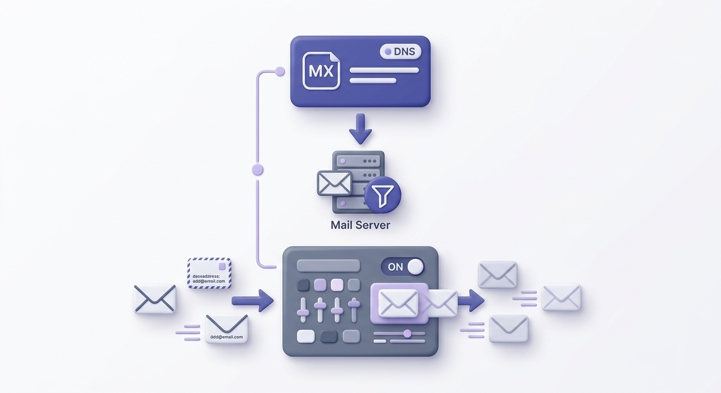 MX record card routing to a mail server icon, with a catch-all configuration toggle shown separately below.