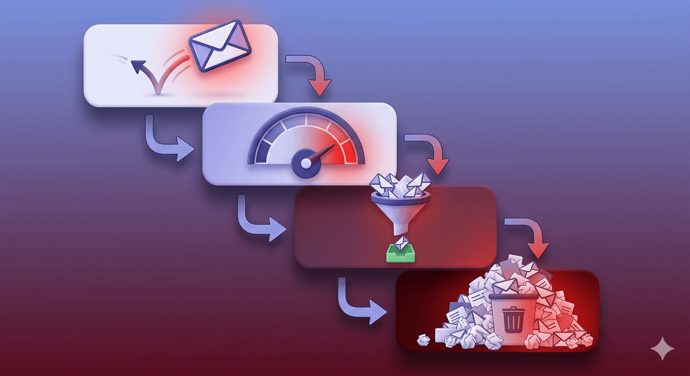 Visual flowchart showing a bouncing envelope cascading through declining sender reputation, inbox placement, and rising spam folder metrics in a downward spiral.
