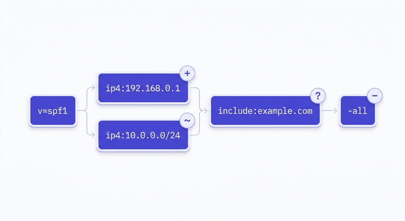 Diagram of SPF record tokens flowing left to right with qualifier badges and mechanisms in indigo cards.