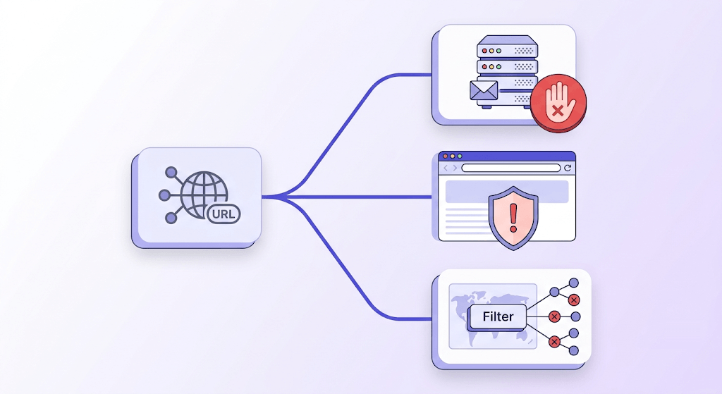 Flowchart showing a domain branching into three simultaneous email rejection routes: policy rejection, browser warning, and DNS filtering.