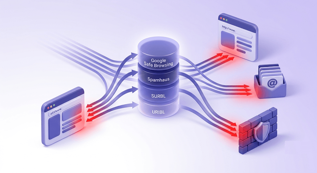 Layered databases with red alert arrows flowing to browser and email endpoints, representing automated blacklist distribution.