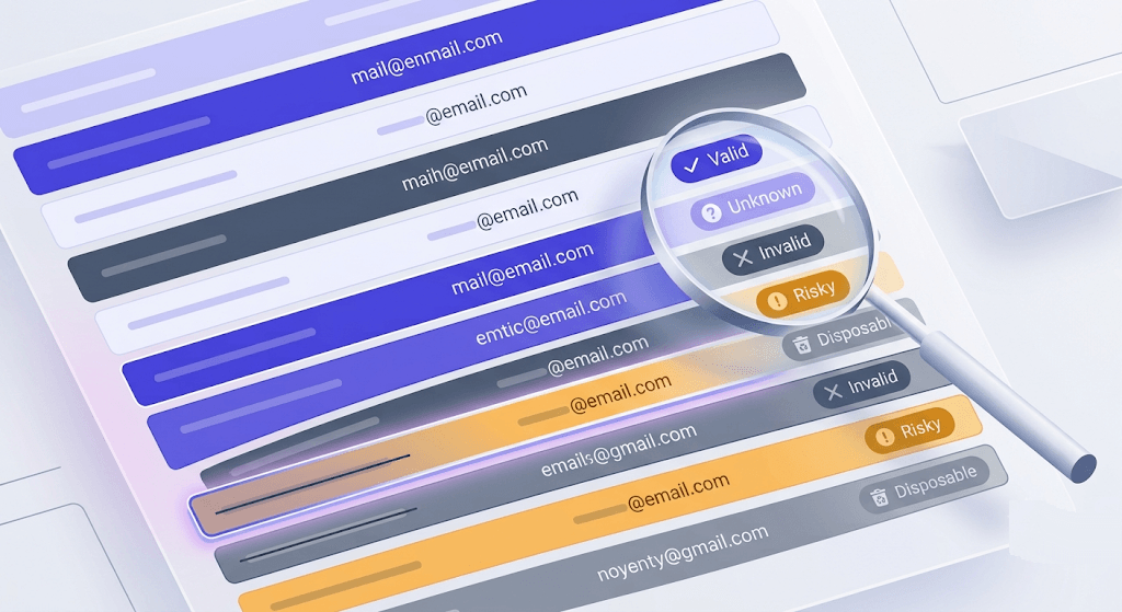 Spreadsheet of email addresses color-coded by verification status with a scanning magnifier revealing validation results.