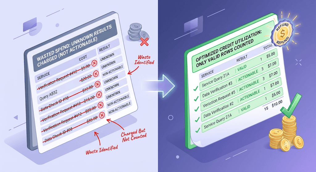 Side-by-side ledgers showing wasted credits on the left versus refunded credits on the right, illustrating cost savings from Unknown result refunds.