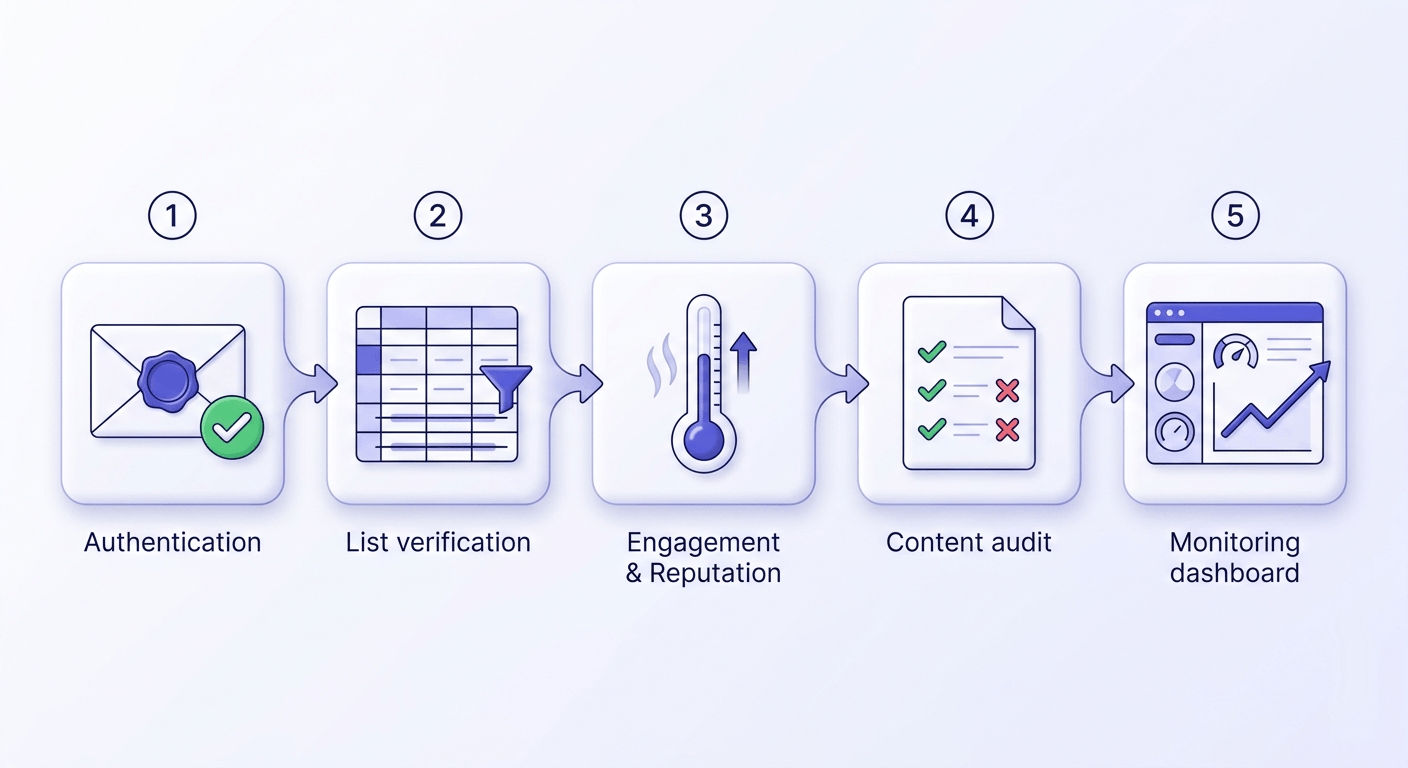 Sequential flowchart of five email deliverability fixes: authentication, list verification, engagement, content audit, and monitoring.