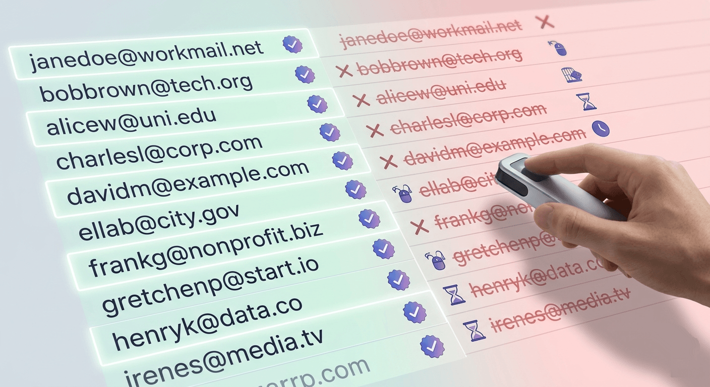 Email list spreadsheet showing valid addresses on left fading to invalid and flagged rows on right, representing 18-month list decay.