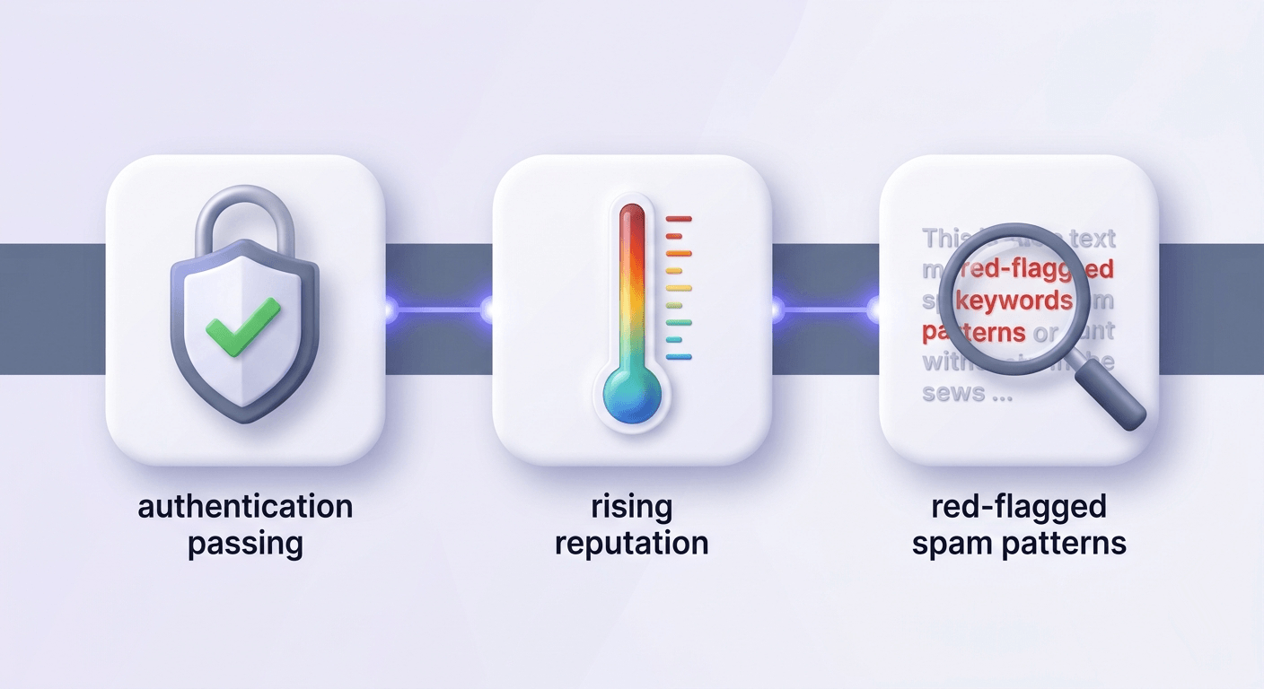Three connected stages of spam filtering: authentication checkpoint, reputation gauge, and content scanning magnifier.